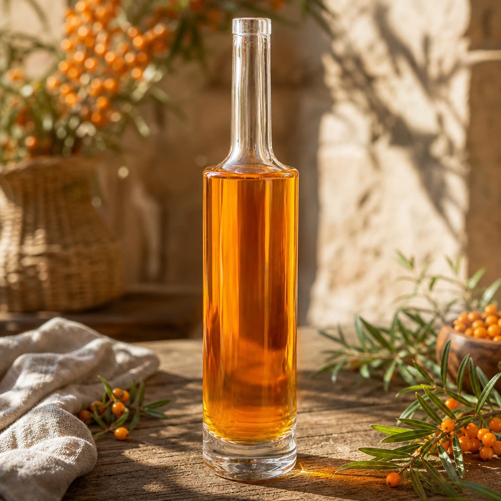 Bouteille en verre 500 ml « Rosa » sans bouchon UNiTWIST® Bouteille en verre rose de 500 ml remplie de liqueur d'argousier décoration naturelle branches d'argousier lumière chaude Photo produit 6 de 10