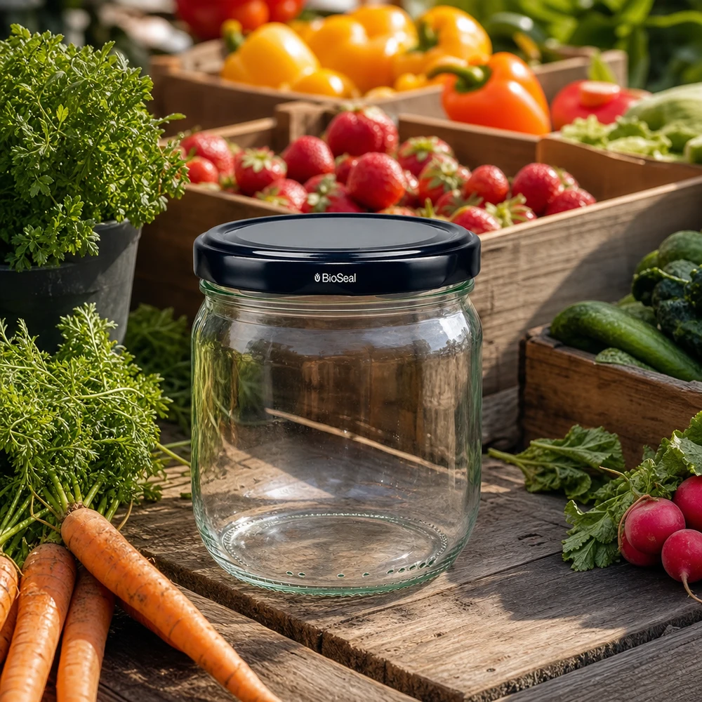 425ml Pot rond BioSeal noir Pot de conserve vide sur planche en bois entouré de légumes frais et d'herbes aromatiques