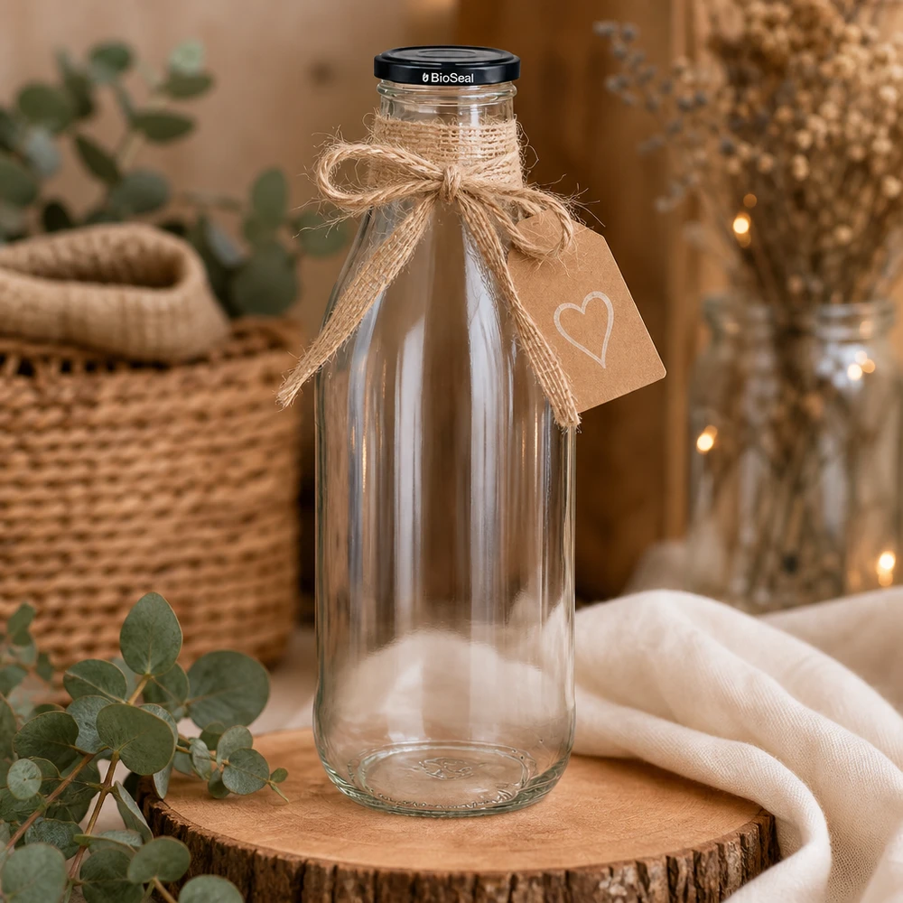 Bouteille en verre 1000ml BioSeal bouchon sur disque en bois décoré boucle de jute pendentif cœur déco rustique durable