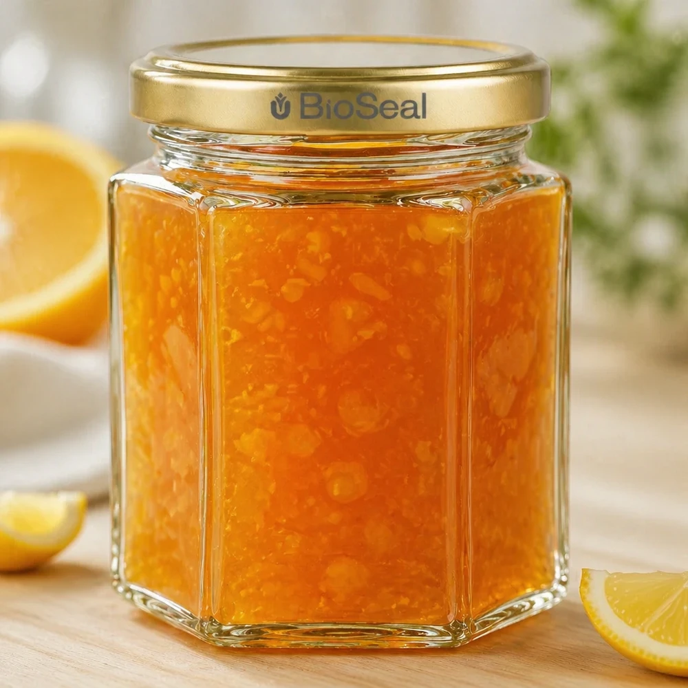 Pot à miel 250 g avec couvercle doré BioSeal UNiTWIST Pot de miel hexagonal de 250 g rempli de marmelade d'orange Couvercle BioSeal Gold à côté de tranches d'orange sur une planche en bois