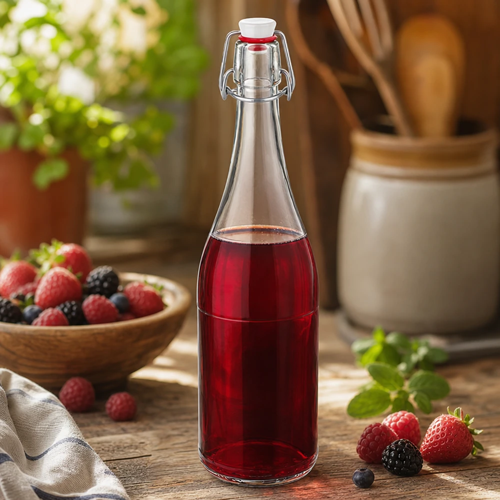 Bouteille en verre de 750 ml avec bouchon à étrier remplie de jus de baies Nature morte de cuisine mixed berries Boisson aux fruits rustique