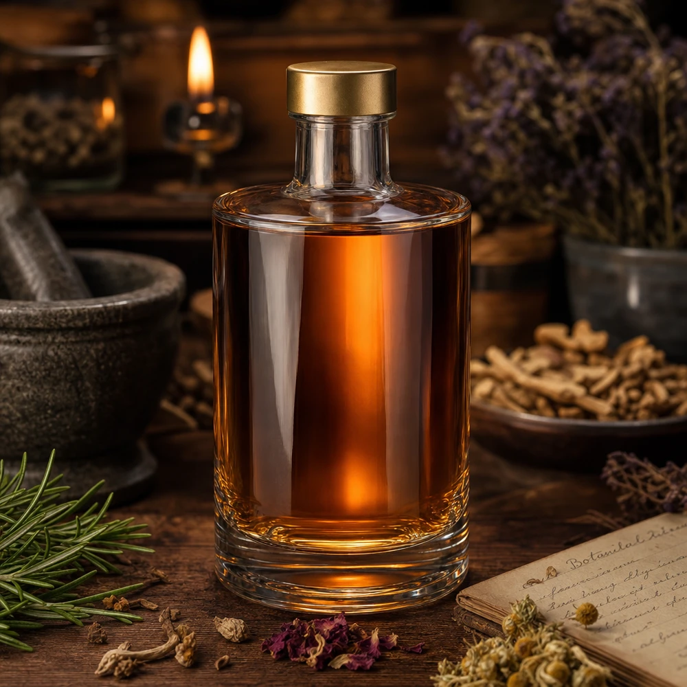 375ml Bouteille en verre Sam avec bouchon à vis or remplie de liquide ambré décor rustique herbes
