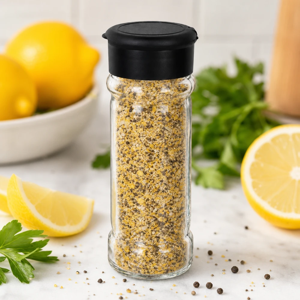 Pot à épices au poivre citronné de 100 ml avec sa saupoudreuse noire, entouré de citrons frais et de persil