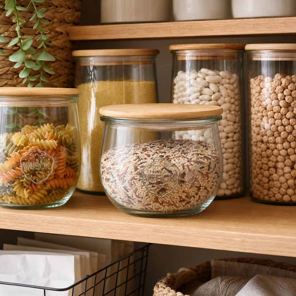 WECK Pot tulipe 580ml avec couvercle en bois rempli de céréales dans une disposition organisée sur une étagère de stockage avec d'autres bocaux