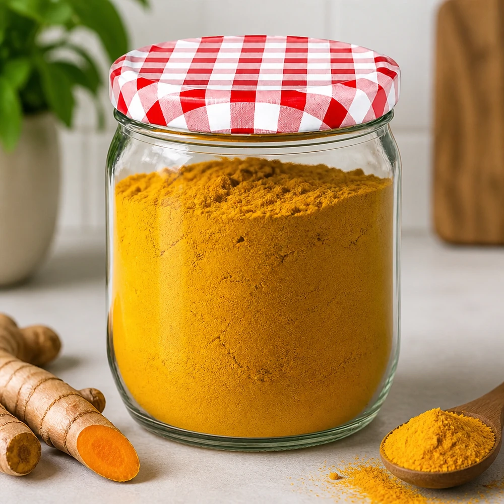 Rundglas 425ml mit Kurkumapulver befüllt, roter BasicSeal Deckel, ideal für Gewürzlagerung und Küchenorganisation