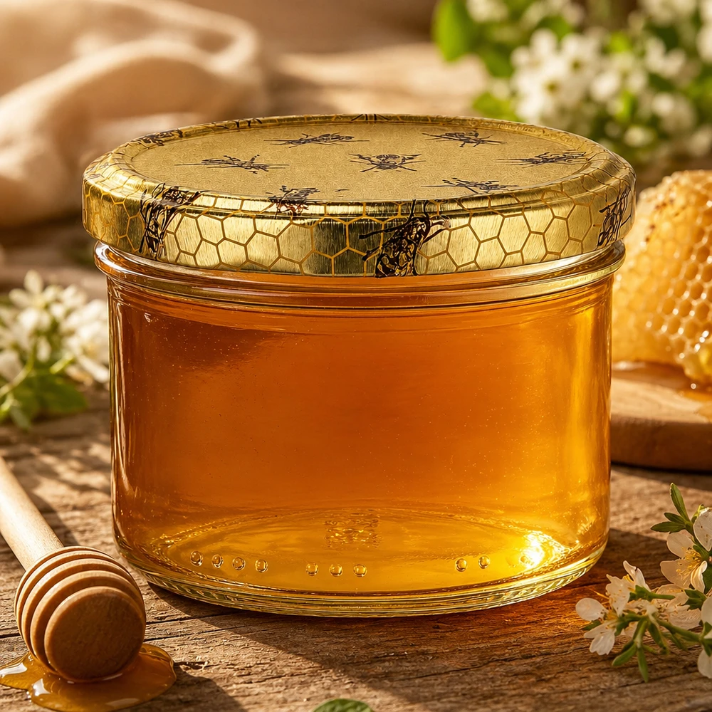Pot à miel 300 g avec couvercle motif rayon de miel BasicSeal UNiTWIST Pot de miel de 300g avec couvercle doré à motif d'abeilles rempli de miel naturel à côté des rayons et du bâton de miel