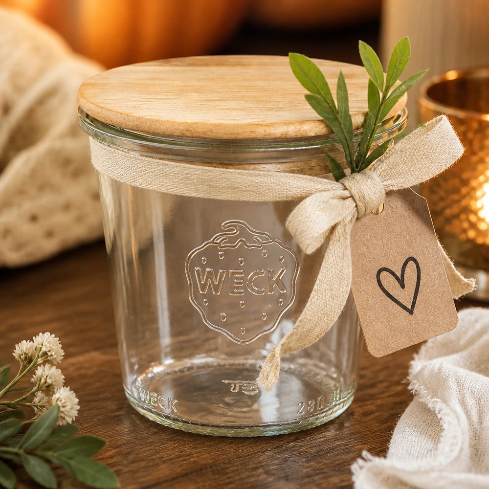 WECK Pot renversé 290ml RR80 avec couvercle en bambou et étiquette cadeau comme décoration avec des herbes et un ruban en tissu