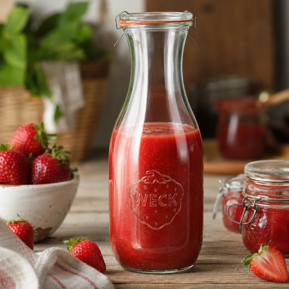 Bouteille à jus de 1062 ml, ensemble complet WECK RR60 WECK Bouteille de jus 1062ml RR60 remplie de jus de fraise rouge dans la cuisine avec des fraises fraîches arrangées de manière décorative