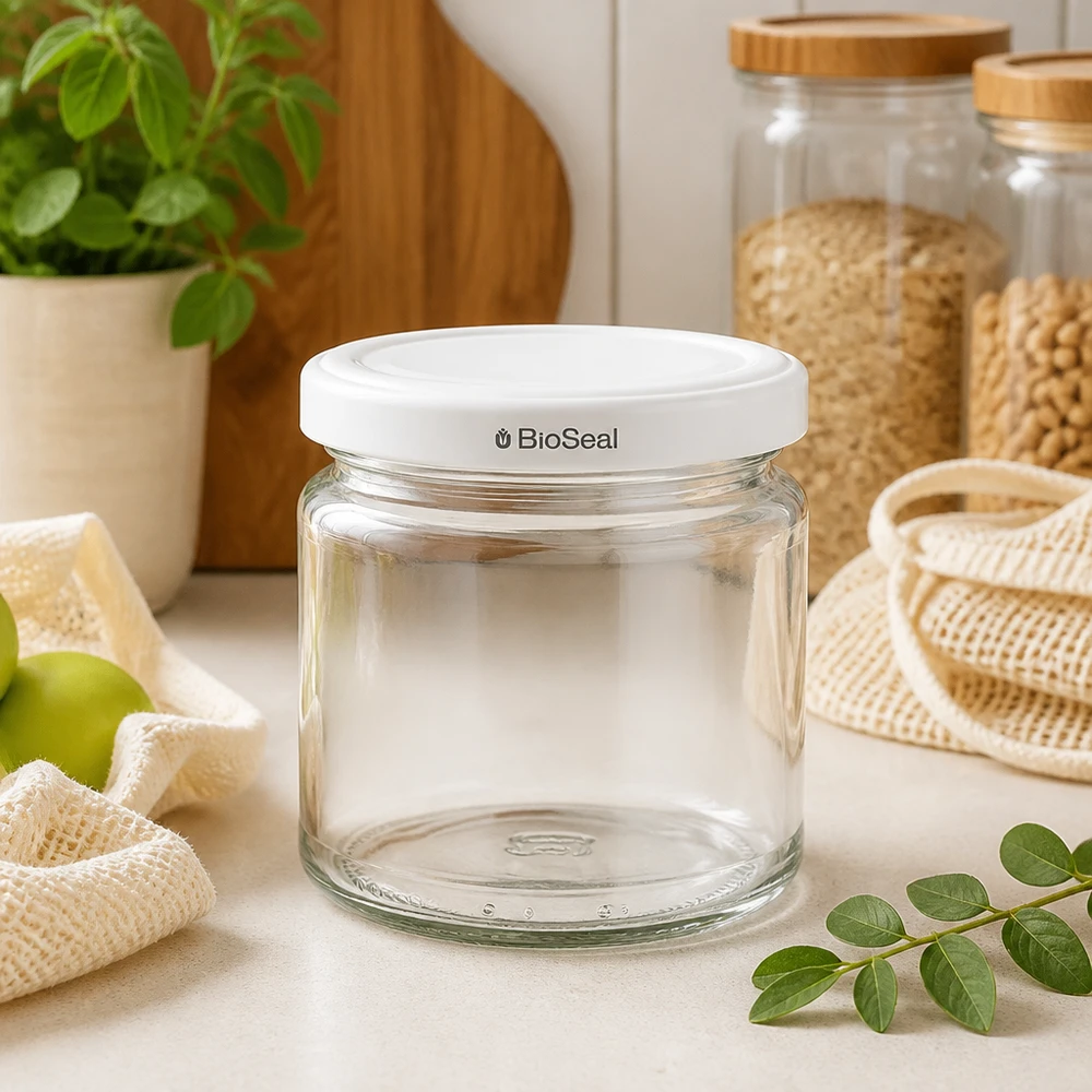 212ml Verre rond avec couvercle BioSeal blanc UNiTWIST
