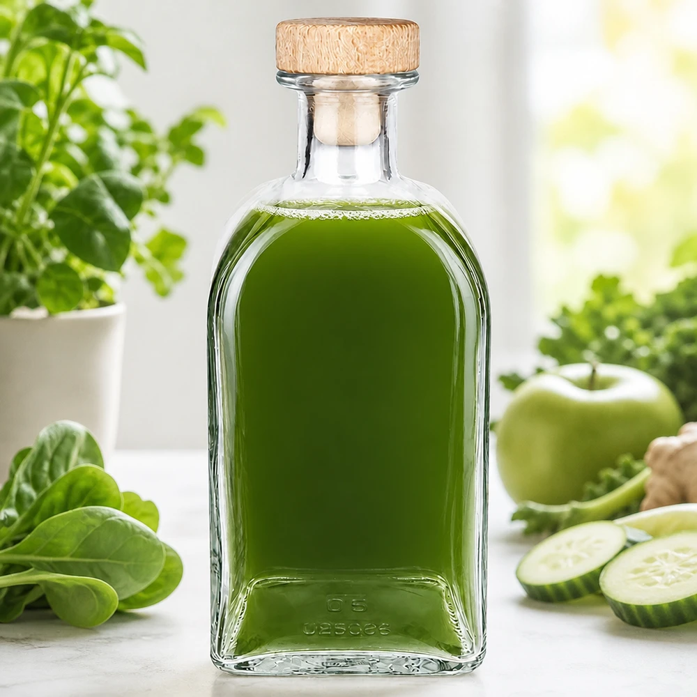 Bouteille en verre Julia de 500 ml avec bouchon en bois remplie de smoothie vert entouré de légumes et d'herbes fraîches