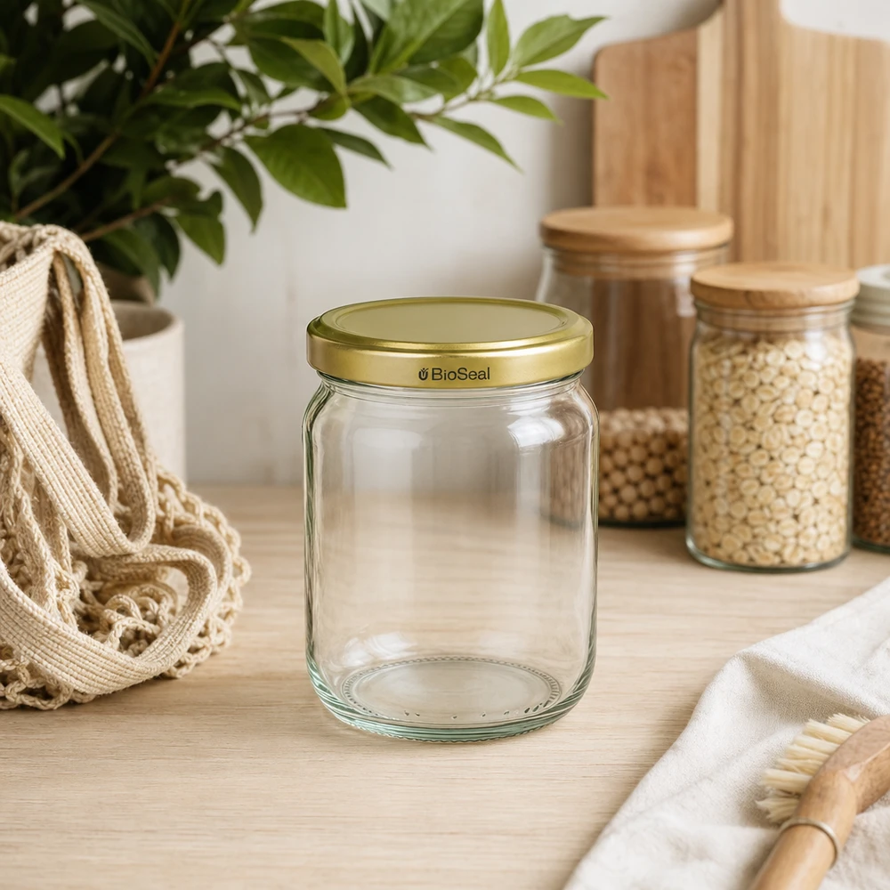Pot à miel 500 g avec couvercle doré BioSeal UNiTWIST 500g BioSeal pot de miel vide dans une cuisine durable avec des bocaux de stockage et des matériaux naturels sur un plan de travail en bois