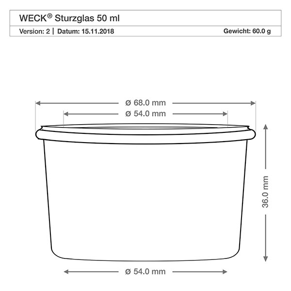 50ml bocal conique avec couvercle fraîcheur WECK RR60 WECK Pot renversé 50ml RR60 dessin technique avec dimensions - diamètre 68mm, hauteur 36mm pour bocaux à conserves