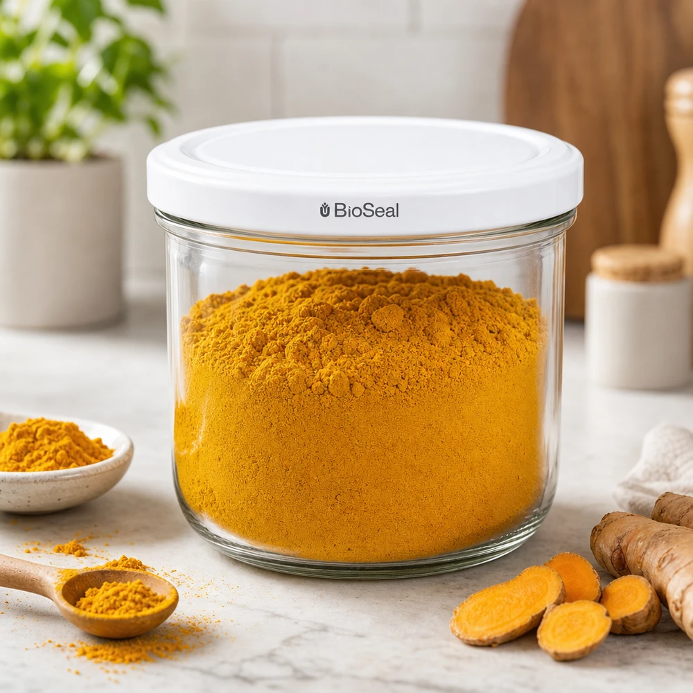260ml Verre conique avec couvercle BioSeal blanc UNiTWIST UNiTWIST Sturz260 Bocal en verre avec couvercle BioSeal rempli de poudre de curcuma - conservation hermétique des épices 260ml