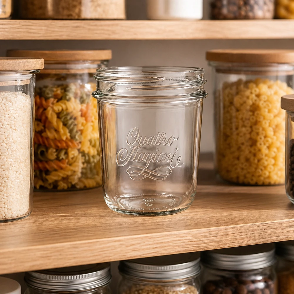 320ml Verre à pied 'Quattro Stagioni' QS86mm 320ml Quattro Stagioni Sturzglas mit elegantem Logo auf Holzregal zwischen gefüllten Vorratsgläsern für Küche und Pantry