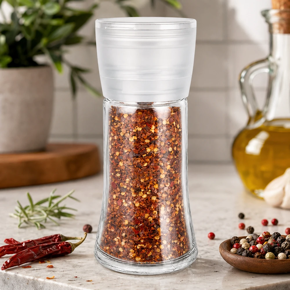 Pot à épices de 95 ml muni d'un moulin blanc, rempli de flocons de piment rouge, posé sur un socle en marbre