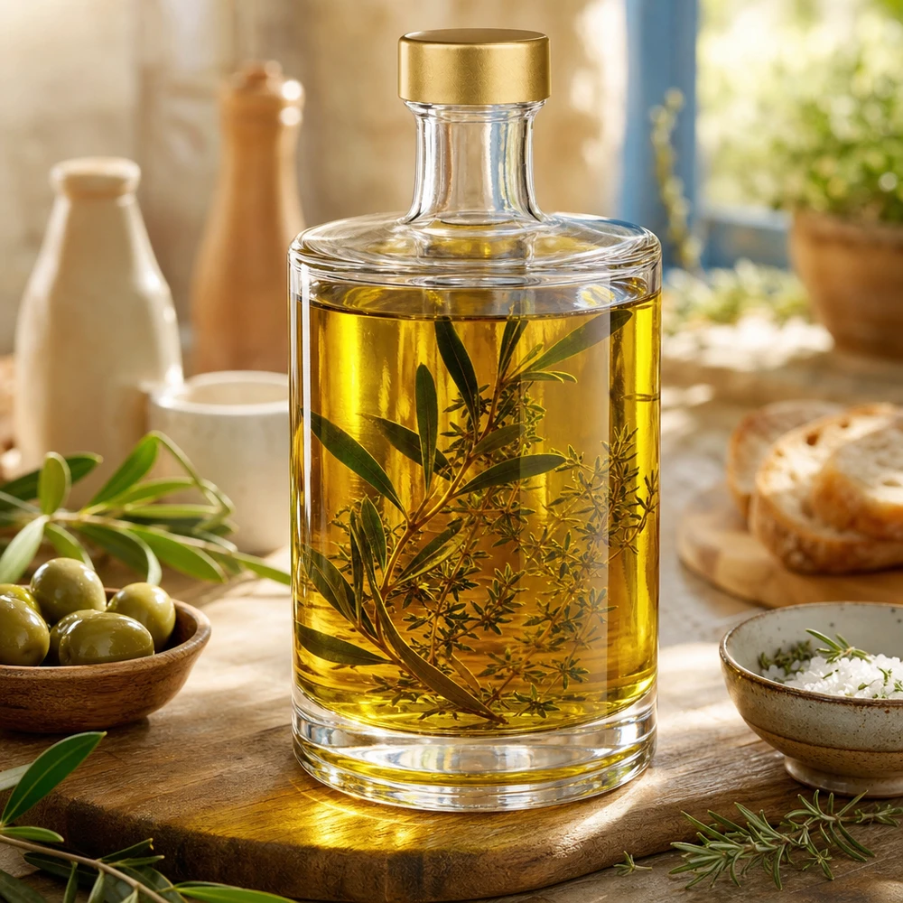 Bouteille en verre 500 ml « Sam » + bouchon à vis doré UNiTWIST® 500ml Glasflasche Sam mit Olivenöl und Kräutern befüllt goldener UNiTWIST Verschluss mediterrane Küche Oliven Salz