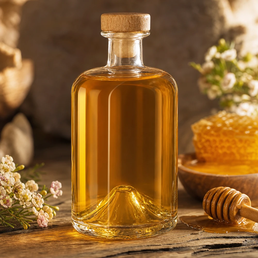 Flacon à pharmacie 500 ml « Sofia » avec bouchon en bois UNiTWIST® 500ml Glasflasche Sofia mit Honig befüllt neben Bienenwabe und Honiglöffel auf rustikalem Holz mit Blütendeko
