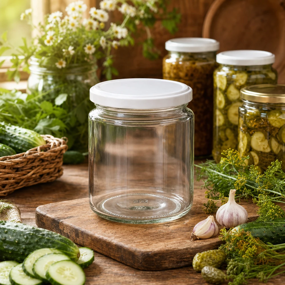 Pot à miel 350 g avec couvercle blanc BasicSeal UNiTWIST Pot de miel de 250ml vide avec couvercle blanc BasicSeal dans la cuisine rustique de mise en conserve entre les concombres, l'ail et l'aneth