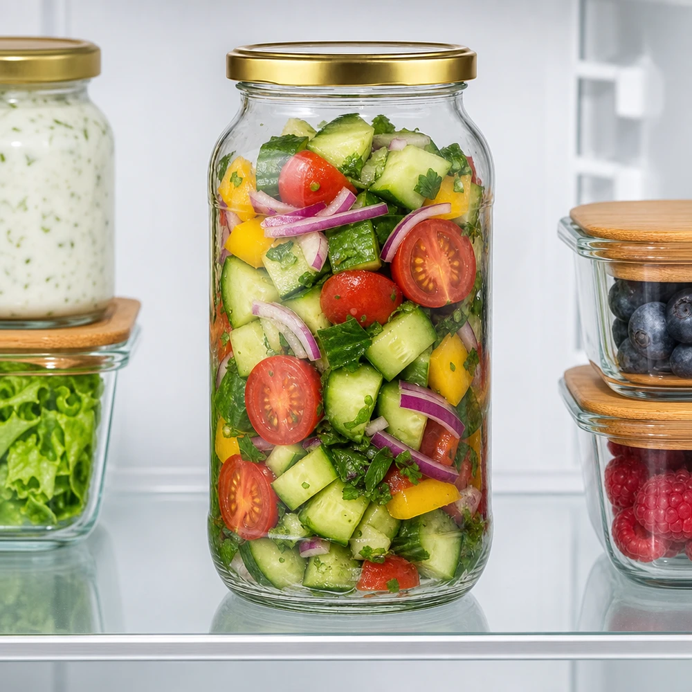 1062ml Verre rond avec couvercle BasicSeal or UNiTWIST Pot rond de 1062ml avec couvercle doré BasicSeal rempli de salade de légumes frais à conserver au réfrigérateur