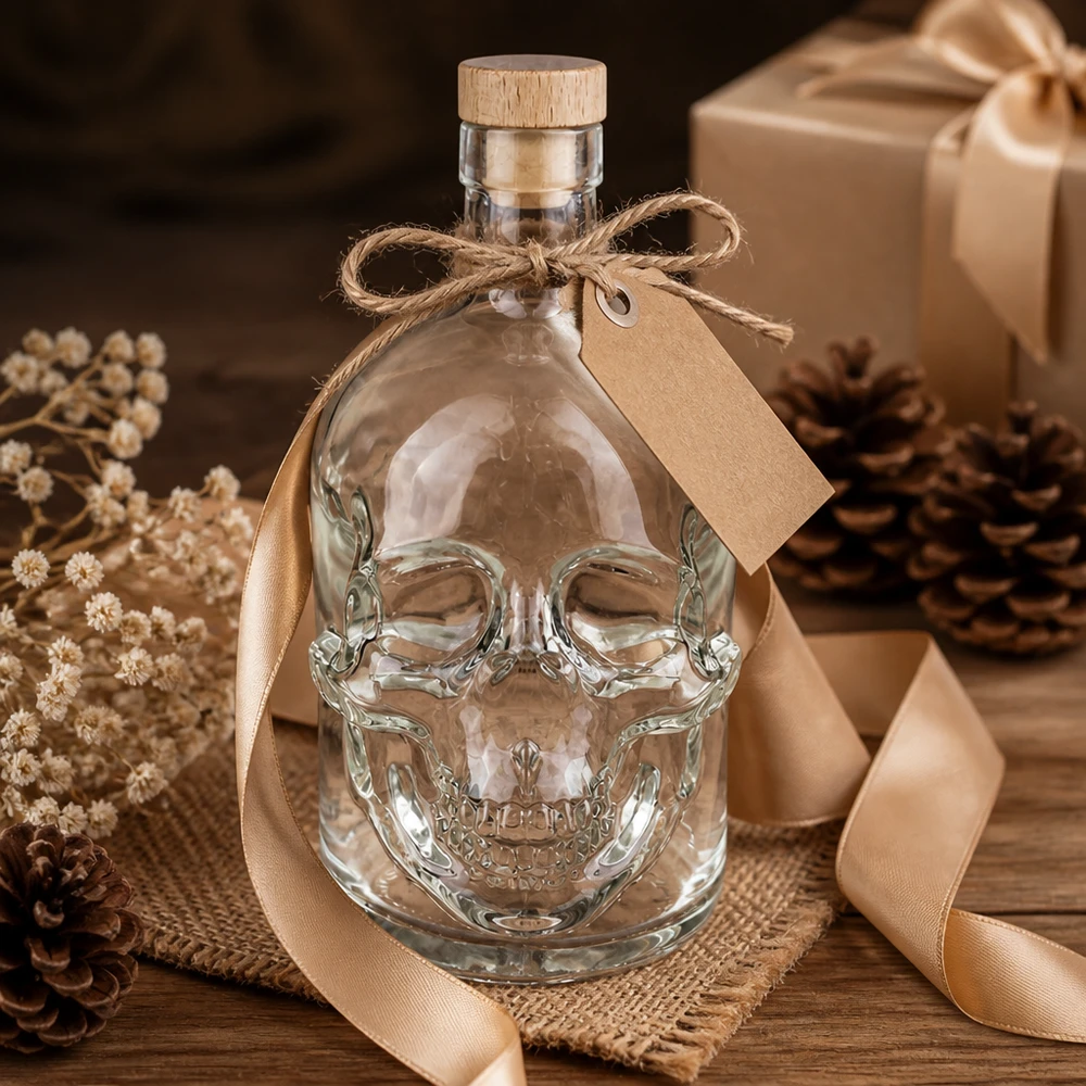 Totenkopf-Glasflasche 700ml mit Jutesack, Geschenkverpackung und Holzkorken als Dekoration arrangiert