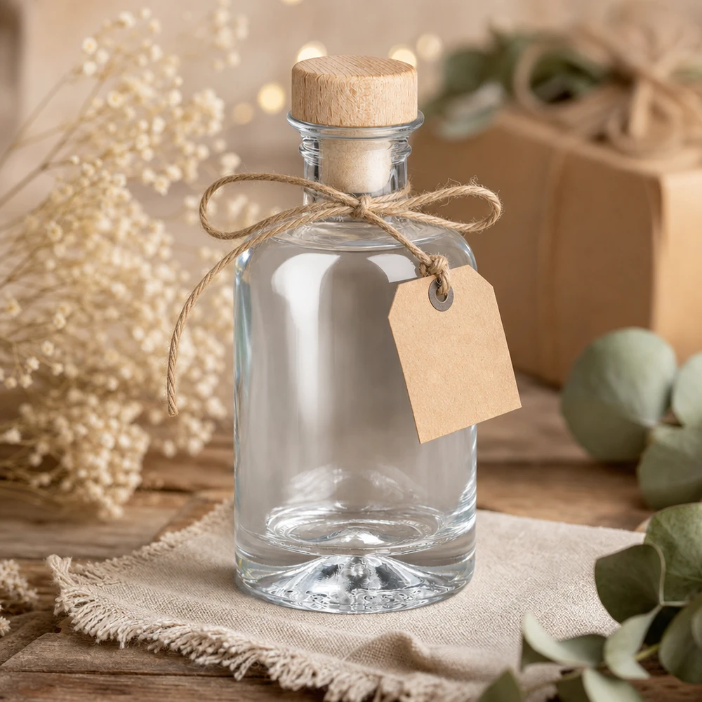 Flacon à pharmacie « Sofia » 100 ml avec bouchon en bois UNiTWIST® Bouteille en verre 100ml Sofia avec bouchon en bois vide comme cadeau avec pendentif en papier kraft et ruban de jute décoration rustique