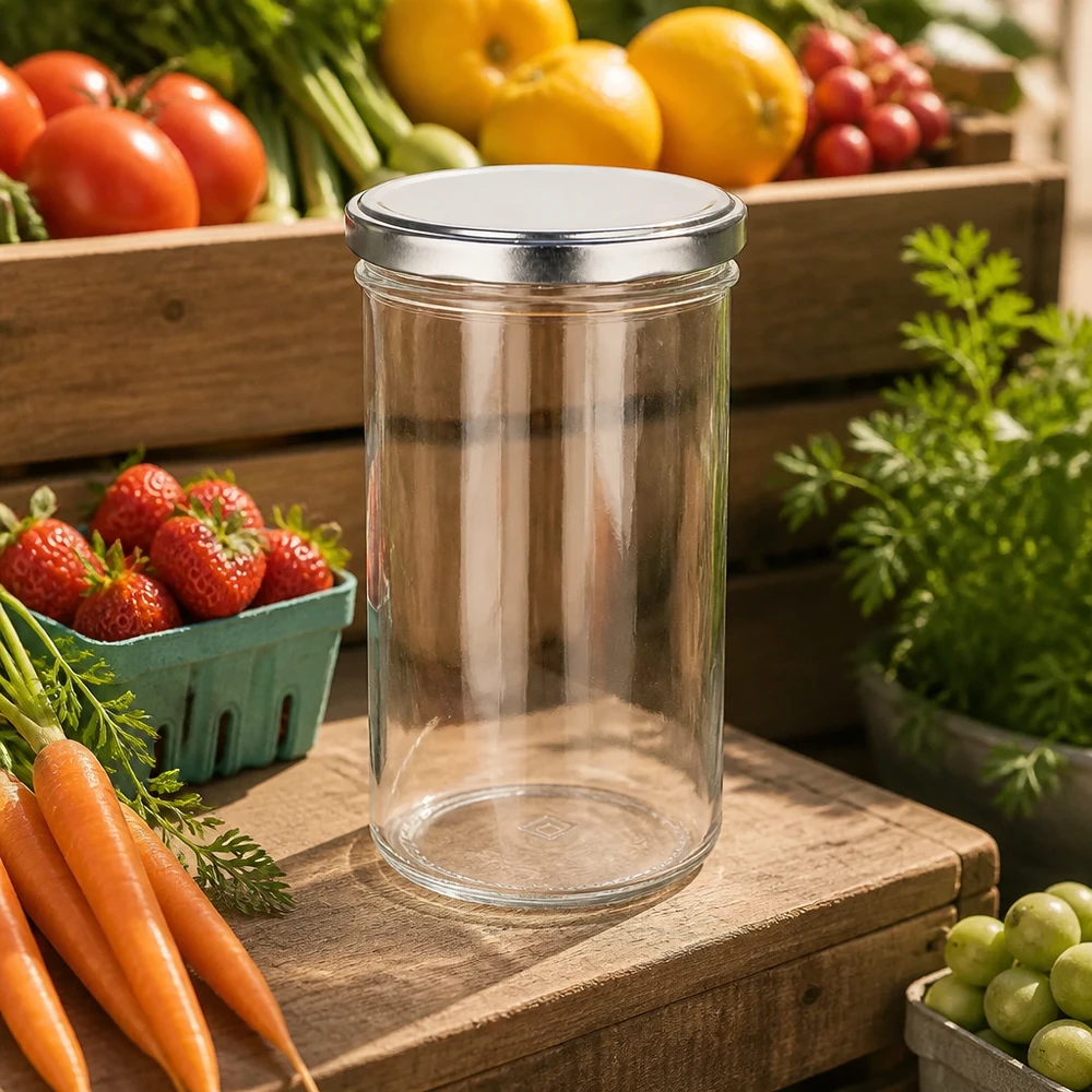 277ml pot avec couvercle BasicSeal argenté entre les fruits et légumes frais environnement naturel de cuisine
