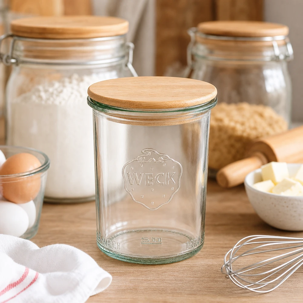 160ml bocal conique WECK RR60 avec couvercle en bois WECK Verre renversé 160ml RR60 avec couvercle en bois dans une cuisine rustique entre les ingrédients de cuisson et les ustensiles de cuisine