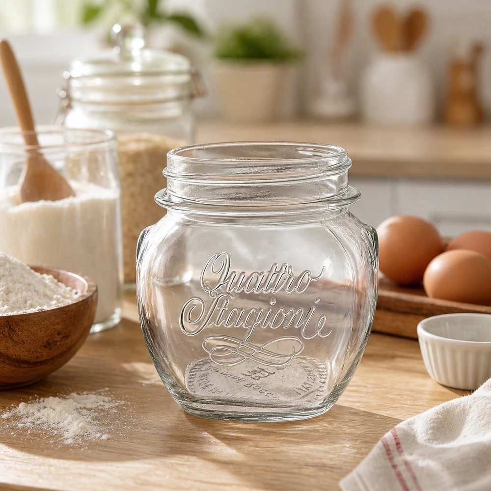 300ml Verre rond "Quattro Stagioni" QS70mm 300ml Quattro Stagioni Verre de ménage sur planche en bois dans une cuisine rustique avec des ingrédients de cuisson et des œufs