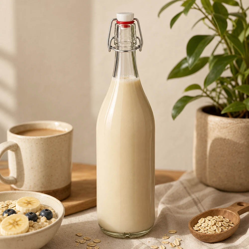 Bouteille en verre de 1000 ml + bouchon mécanique en PVC UNiTWIST Bouteille en verre de 1000 ml avec bouchon à étrier remplie de lait d'avoine sur une table en bois à côté d'une tasse de café et de flocons d'avoine
