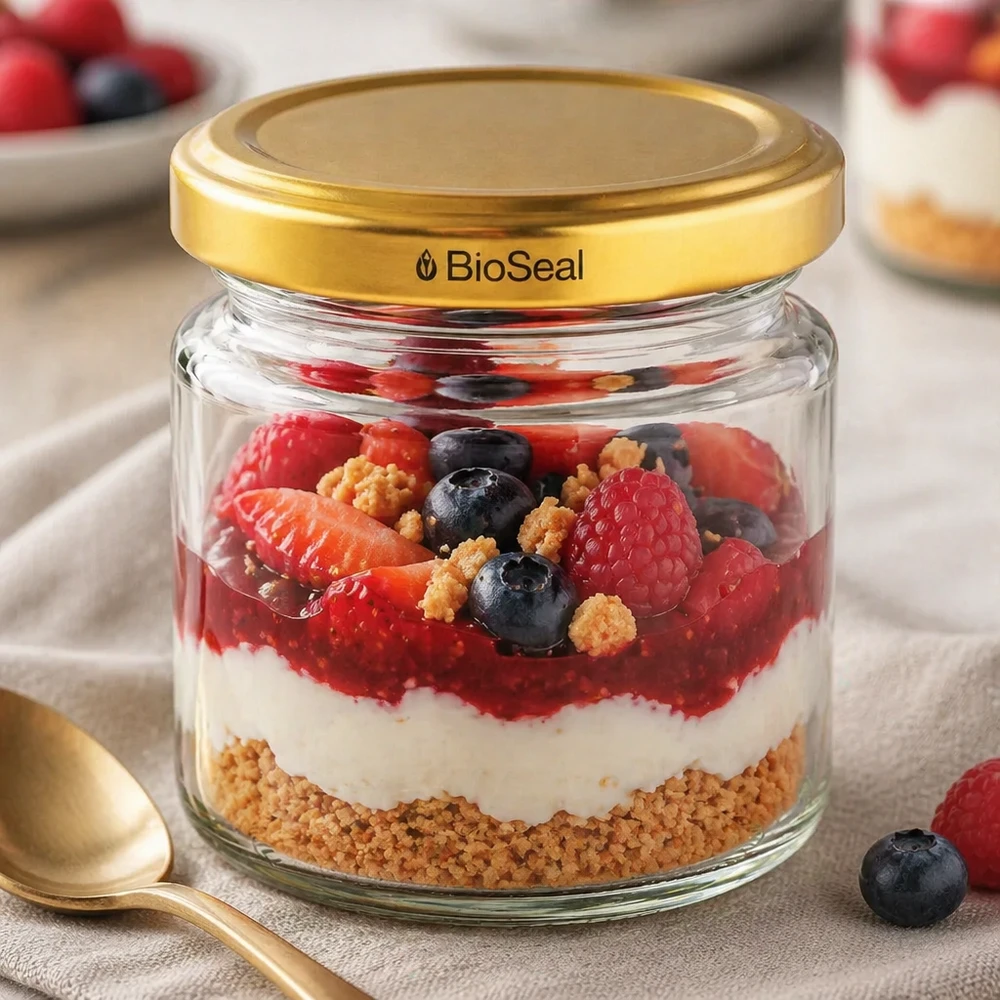 53ml Verre rond avec couvercle BioSeal or UNiTWIST UNiTWIST Runda53 avec couvercle TO43 BioSeal doré comme coupe à dessert pour dessert à couches de yaourt aux baies avec fond de biscuit