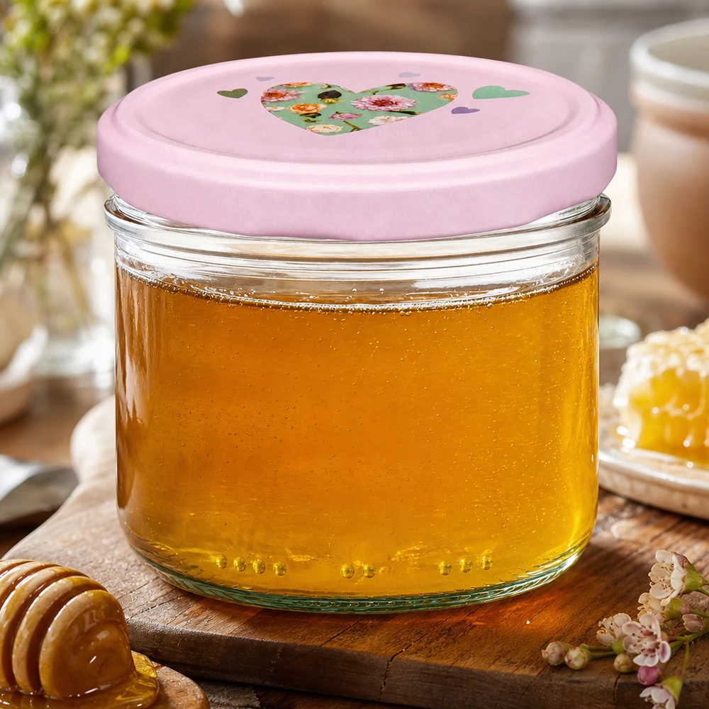 Pot cylindrique de 230 ml avec couvercle en forme de cœur rose rempli de miel jaune doré, pot de miel sur planche en bois avec cuillère à miel
