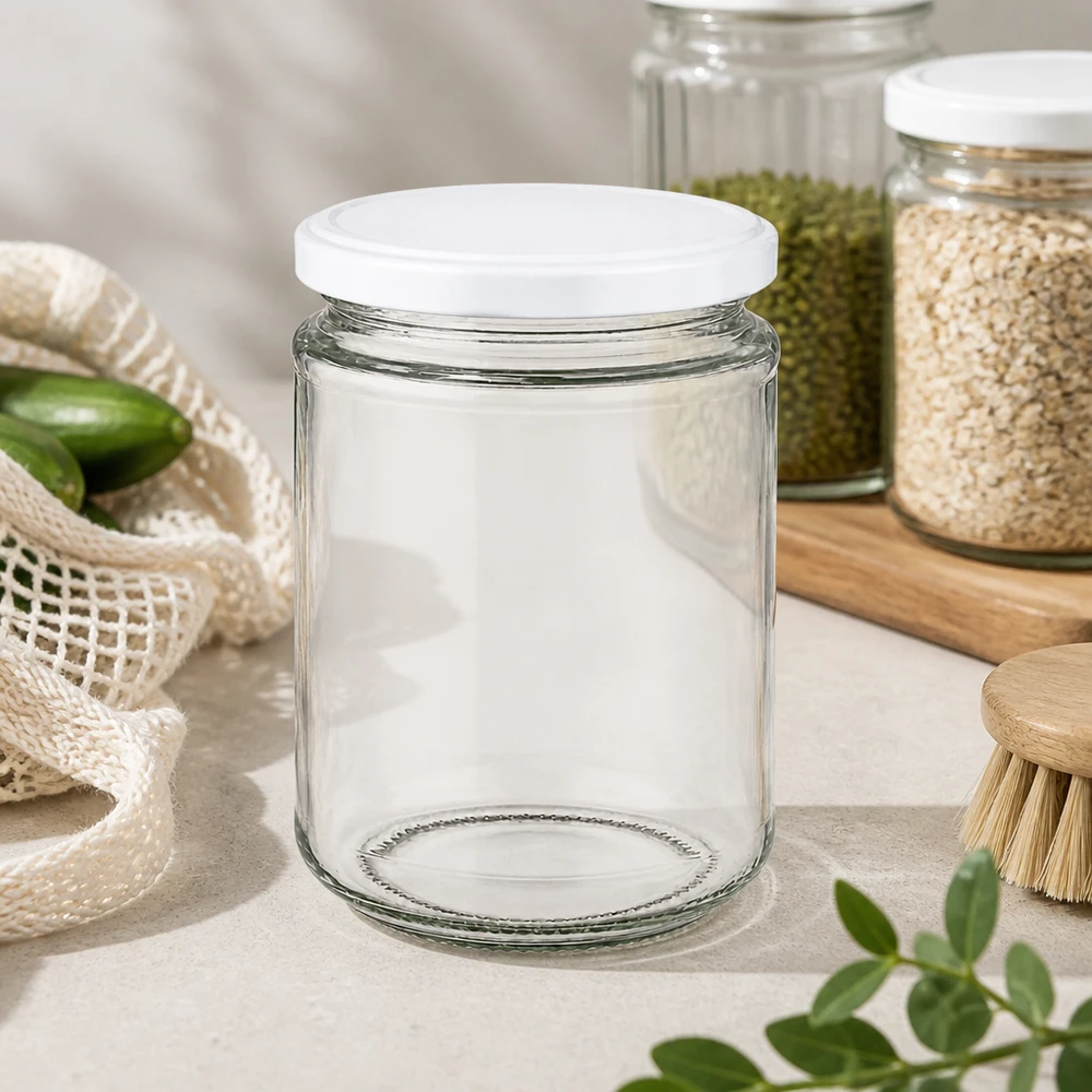 390ml Verre rond avec couvercle BasicSeal blanc UNiTWIST 390ml bocal rond UNiTWIST vide avec couvercle blanc dans la cuisine durable Zero Waste à côté des bocaux à provisions et des outensills en bambou