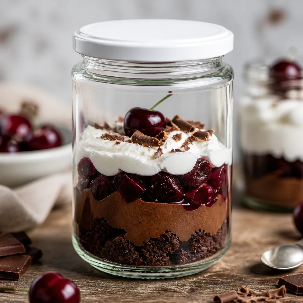 390ml Verre rond avec couvercle BasicSeal blanc UNiTWIST Verre rond de 390 ml UNiTWIST comme verre à dessert avec dessert stratifié cerises et chocolat - dessert créatif en verre
