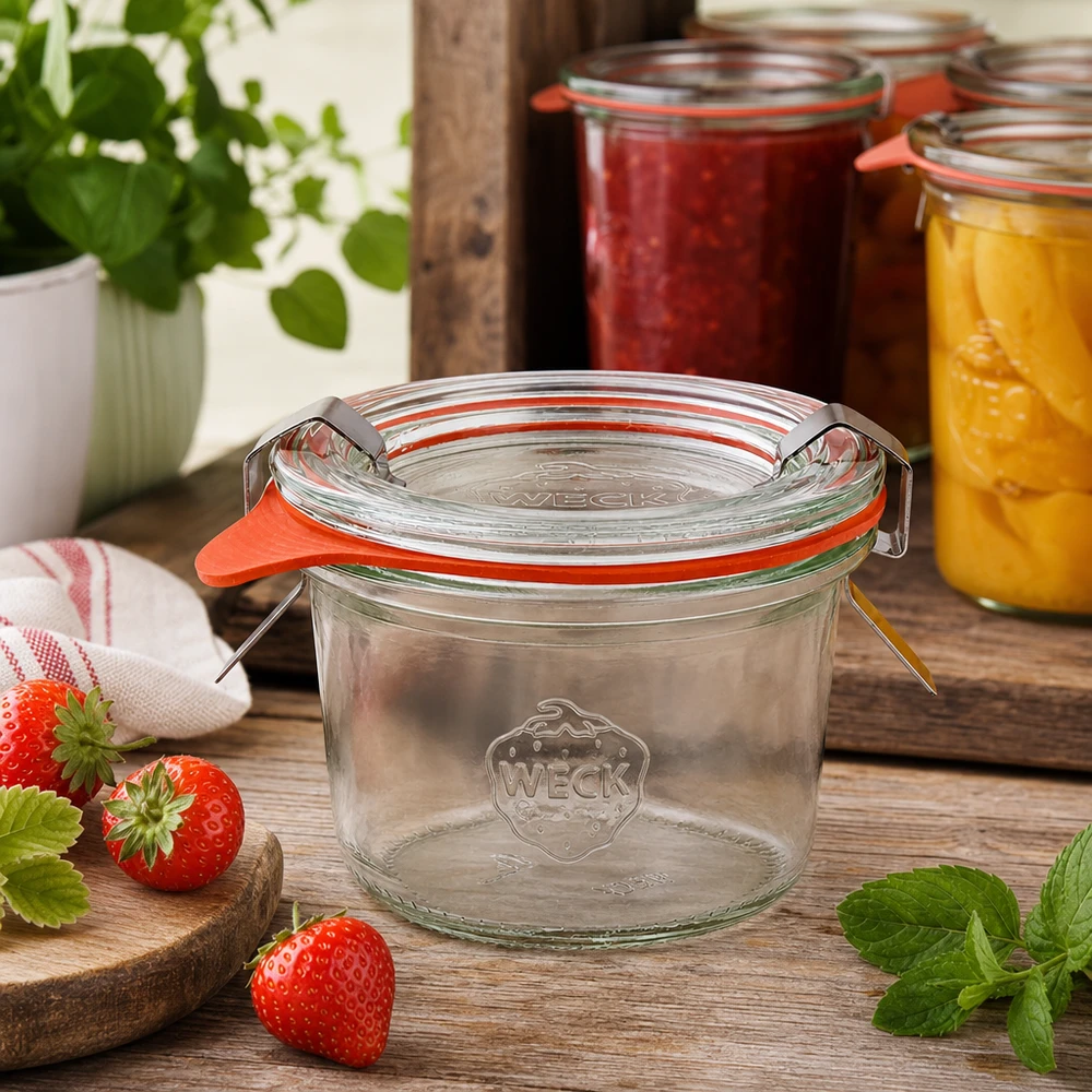 80ml bocal conique complet WECK RR60 WECK Pot renversé 80ml RR60 dans une cuisine rustique avec des fraises et des bocaux avec de la confiture en arrière-plan