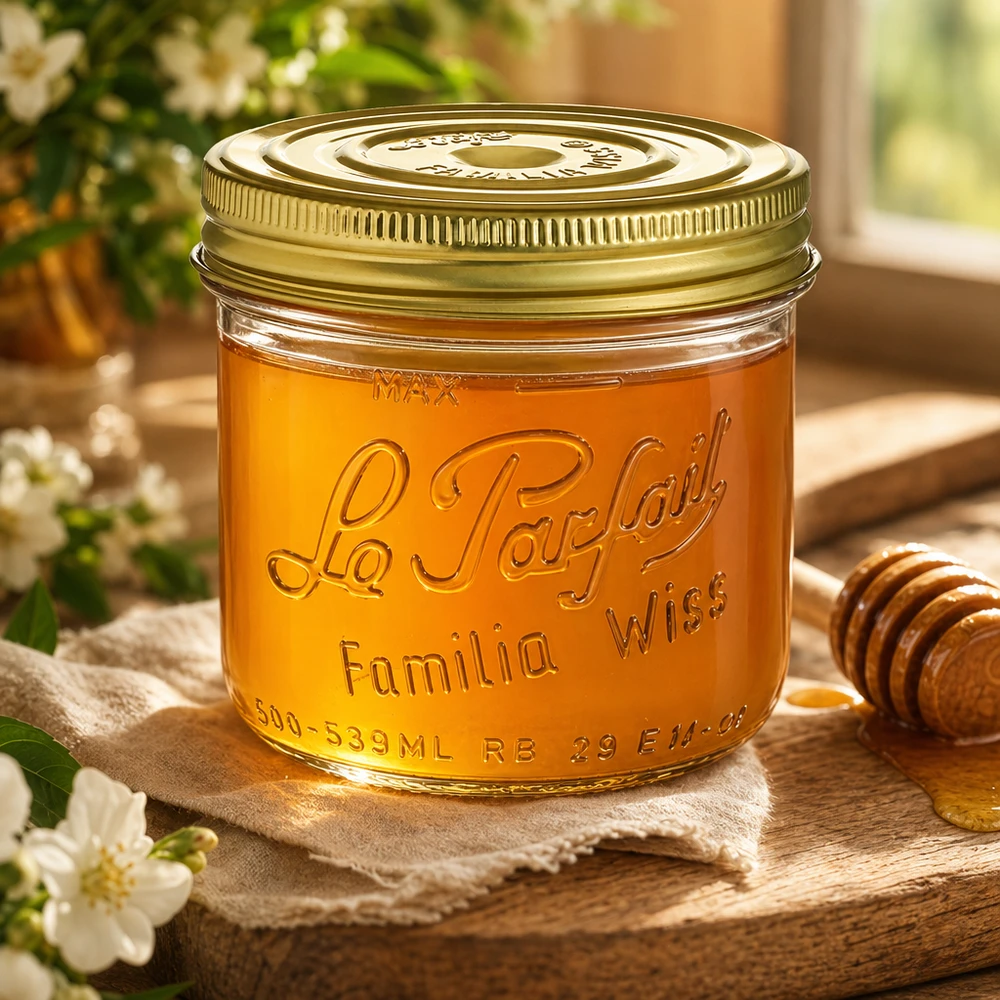 Le Parfait® Familia Wiss 500 g Ø100 mm bocal 539ml Verre à pied Familia Wiss avec couvercle doré rempli de miel sur table en bois avec cuillère à miel et fleurs