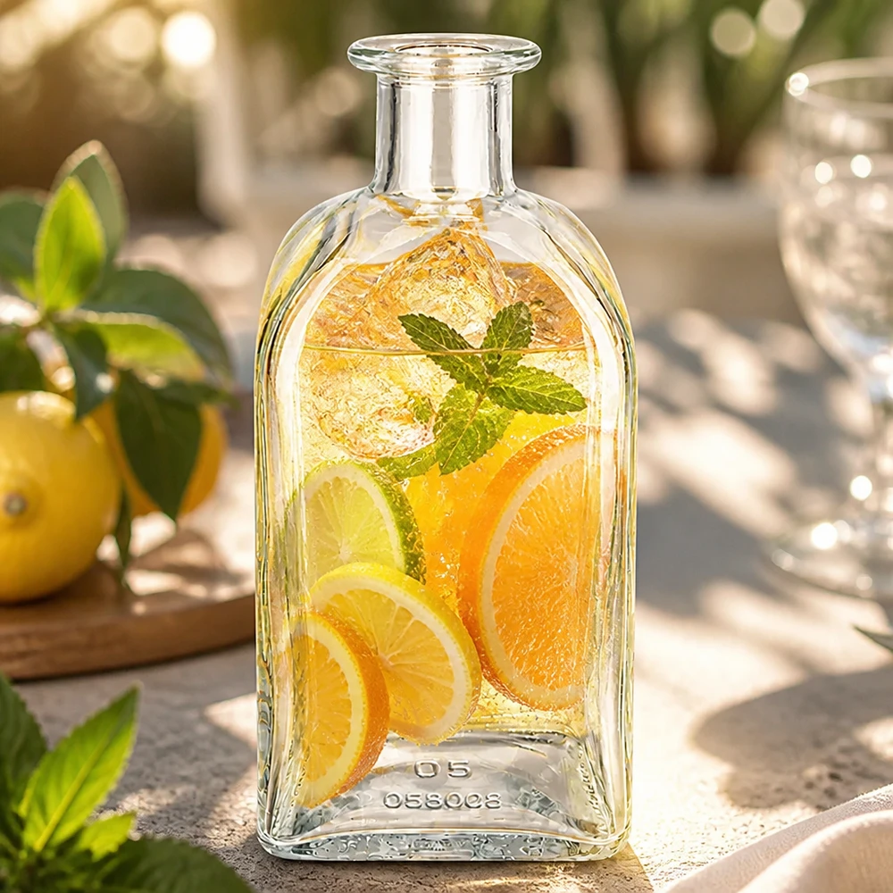 Flacon à pharmacie « Julia» 500 ml sans bouchon UNiTWIST® Bouteille en verre Julia de 500 ml remplie d'infusion d'agrumes et de menthe dans une ambiance de jardin ensoleillée comme boisson rafraîchissante