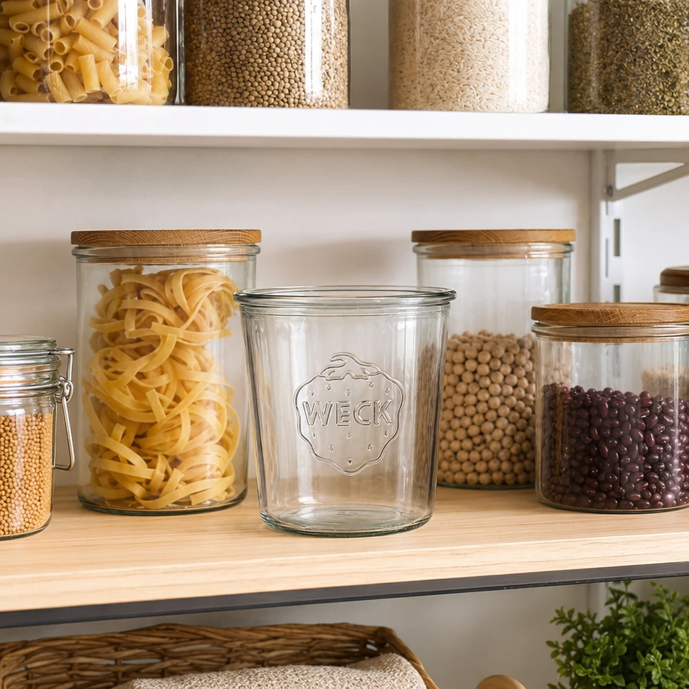 580ml bocal conique WECK RR100 WECK Verre renversé 580ml RR100 dans la cuisine avec bocaux de conservation pour pâtes légumes secs et céréales sur une étagère en bois