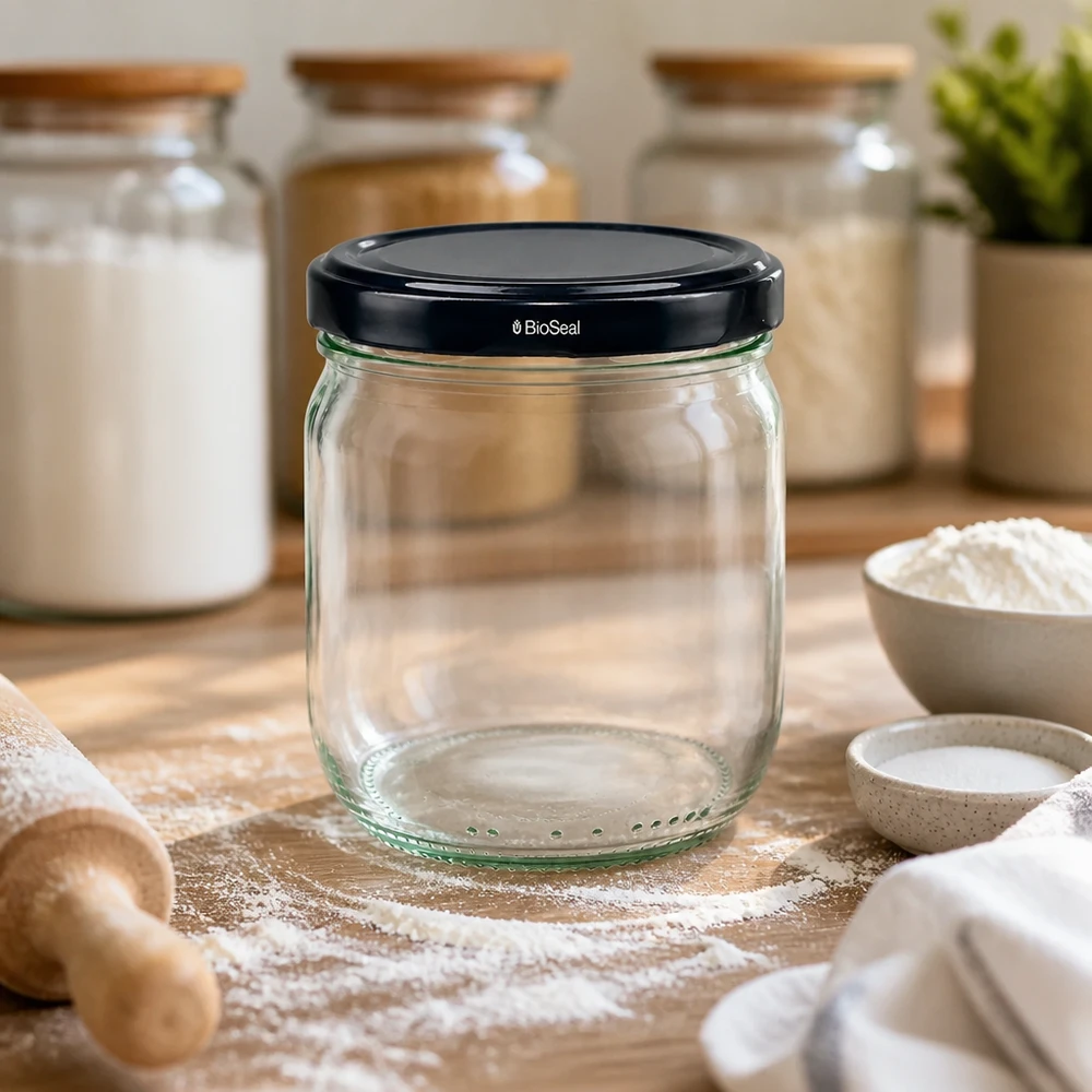 425ml Verre rond avec couvercle BioSeal noir UNiTWIST 425ml pot rond BioSeal noir vide sur table en bois avec farine et ustensiles de cuisine montre rangement accessoires de cuisson