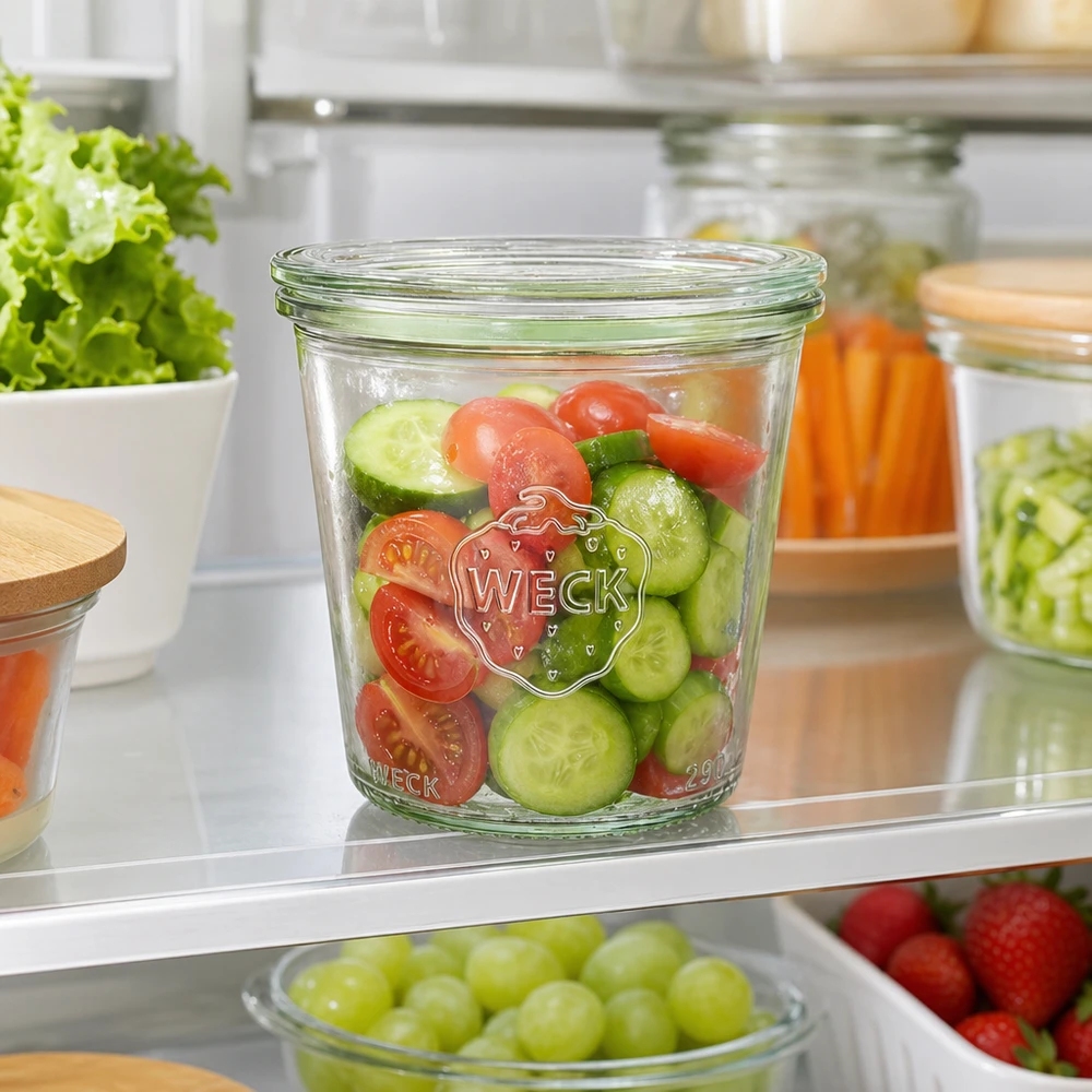 290ml bocal conique haut avec bouchon en verre WECK RR80 WECK Pot renversé 290ml RR80 au réfrigérateur rempli de salade de concombres et de tomates fraîche comme solution pratique de Meal Prep