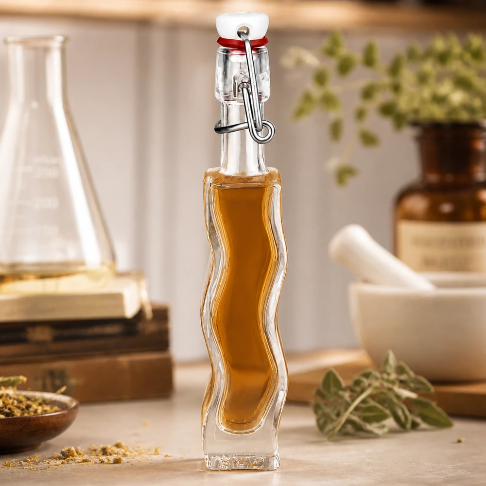 Bouteille en verre Anna de 40 ml remplie de liquide couleur miel dans une cuisine rustique avec des herbes et de la verrerie