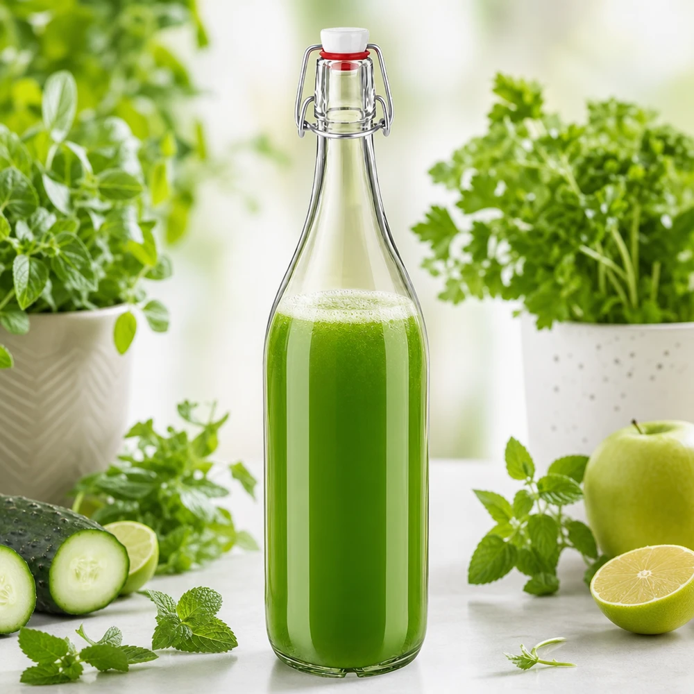Bouteille en verre de 1000 ml + bouchon mécanique en PVC UNiTWIST Bouteille en verre de 1000 ml avec bouchon à étrier en PVC remplie de smoothie vert entouré d'herbes et de légumes frais.