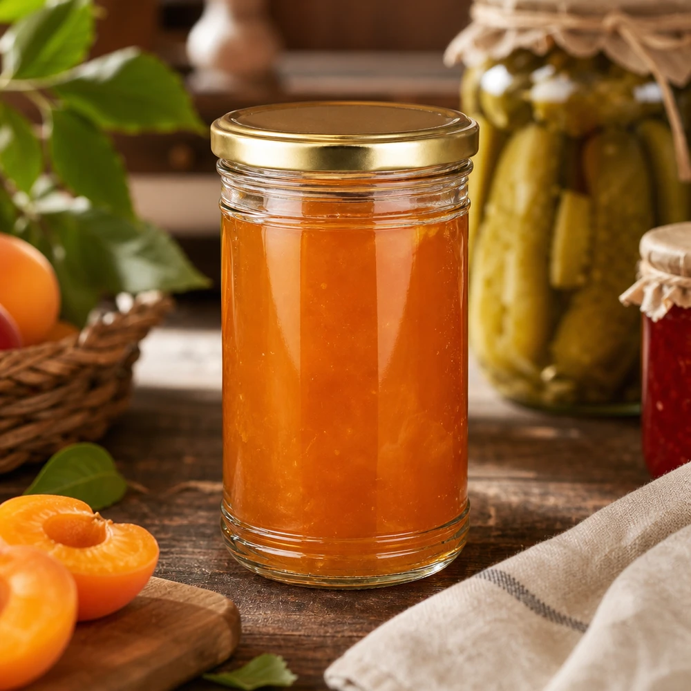 1053ml Verre conique avec couvercle BasicSeal or UNiTWIST Confiture d'abricots maison en pot renversé de 1053 ml avec couvercle doré dans cuisine rustique avec bocaux
