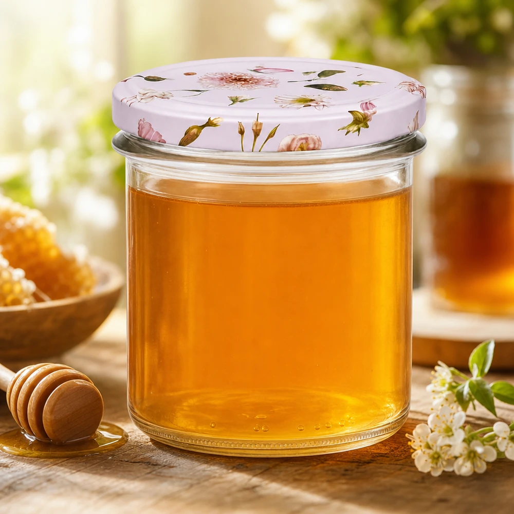 Pot à miel rose de 350 ml rempli de miel, avec cuillère à miel et fleurs, comme pot à confiture Apiculture