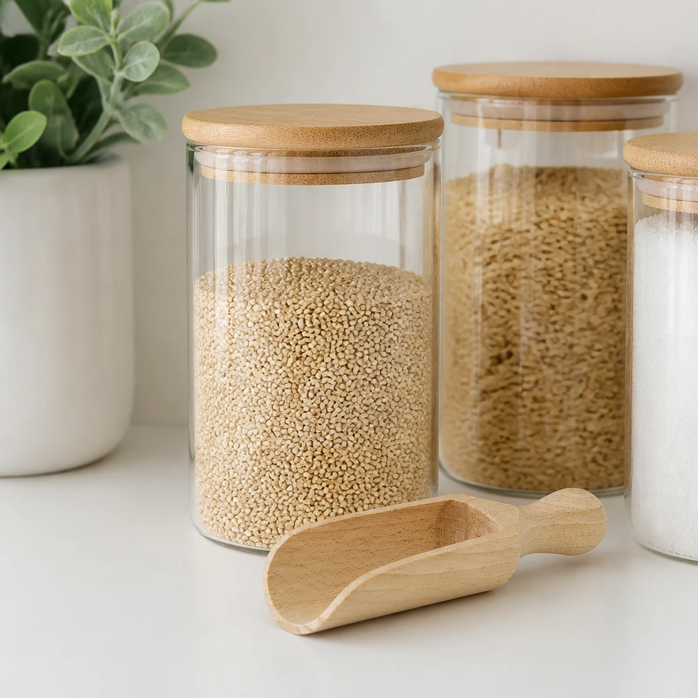 Pelle en bois taille M forme semi-circulaire - 140mm de long Holzschaufel M 14cm mit Vorratsgläsern und Quinoa in moderner Küche - praktisches Küchenhelfer-Styling