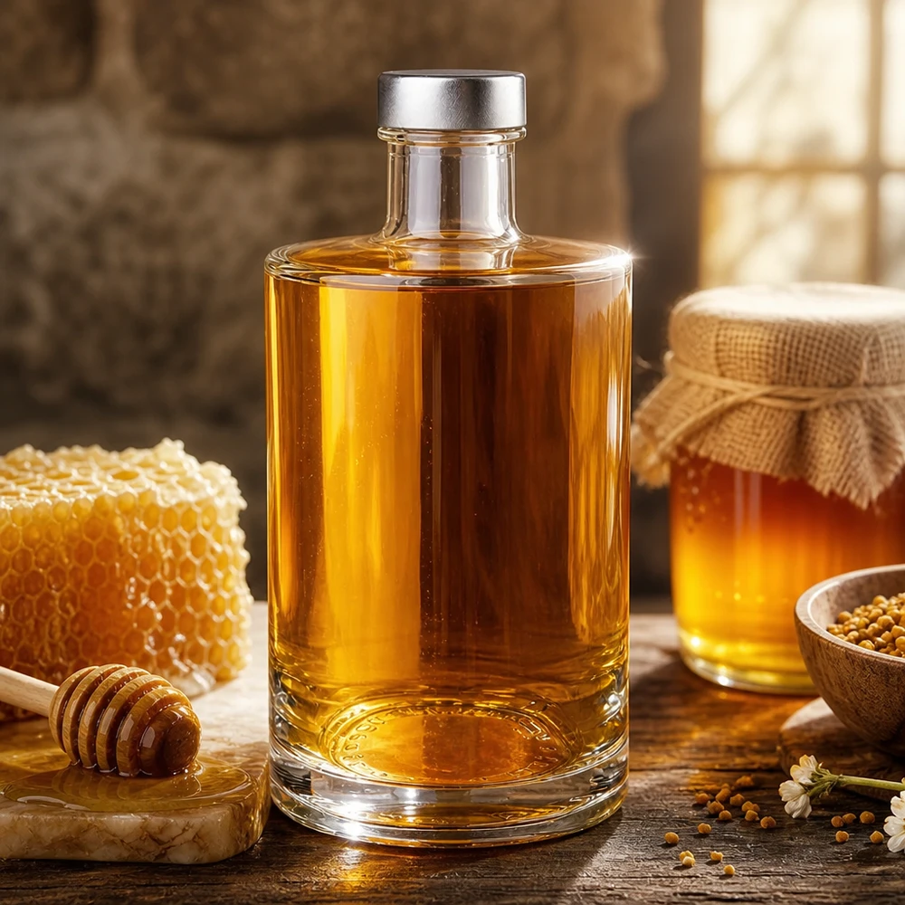 Bouteille en verre 375 ml « Sam » et bouchon à vis argenté UNiTWIST® 375ml Bouteille en verre Sam remplie de miel doré à côté de nid d'abeille et de pot de miel - Bouteille de spiritueux avec bouchon à vis