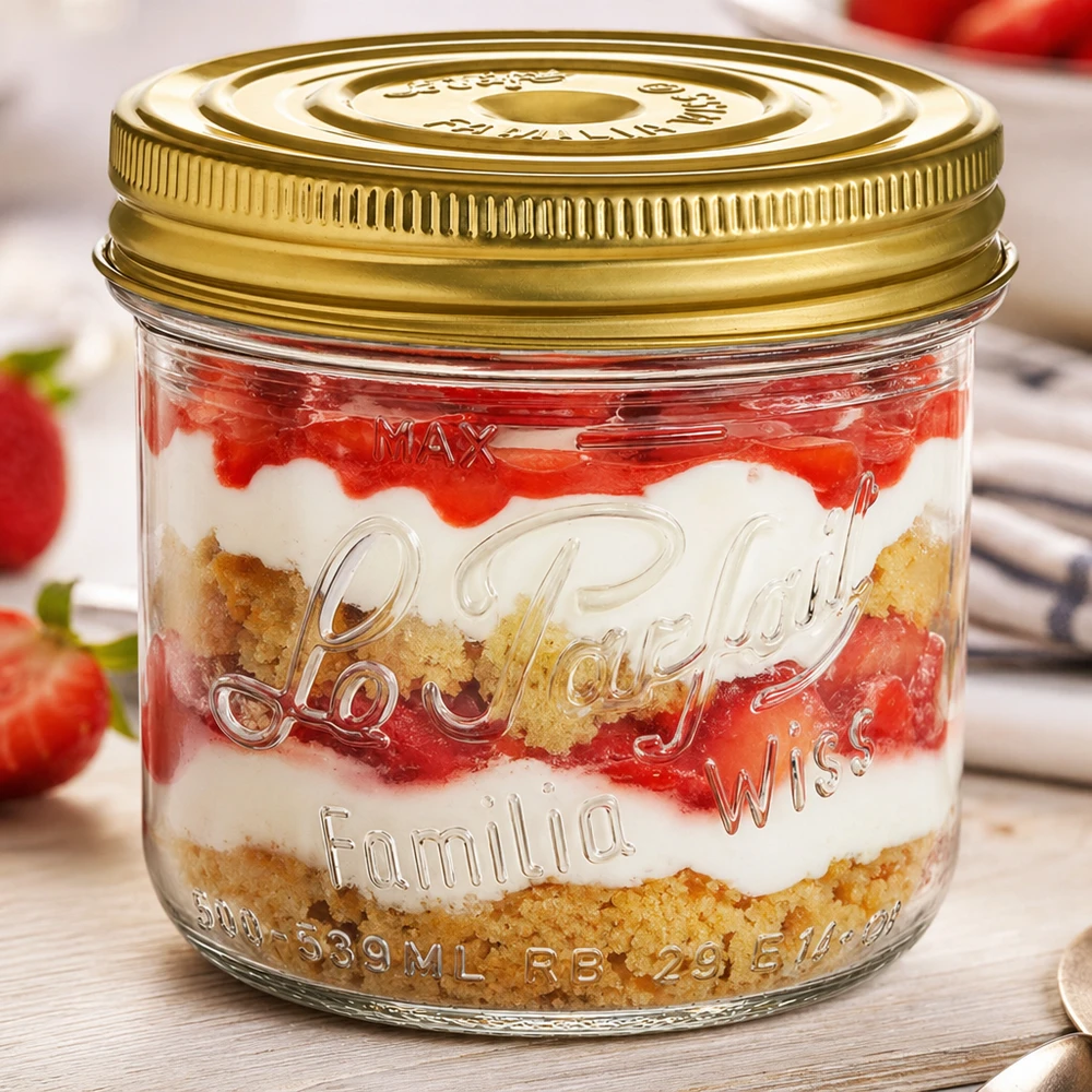 Le Parfait® Familia Wiss 500 g Ø100 mm bocal Verre à pied Familia Wiss 539ml avec couvercle doré à visser et couches de desserts aux fraises et fond de biscuit