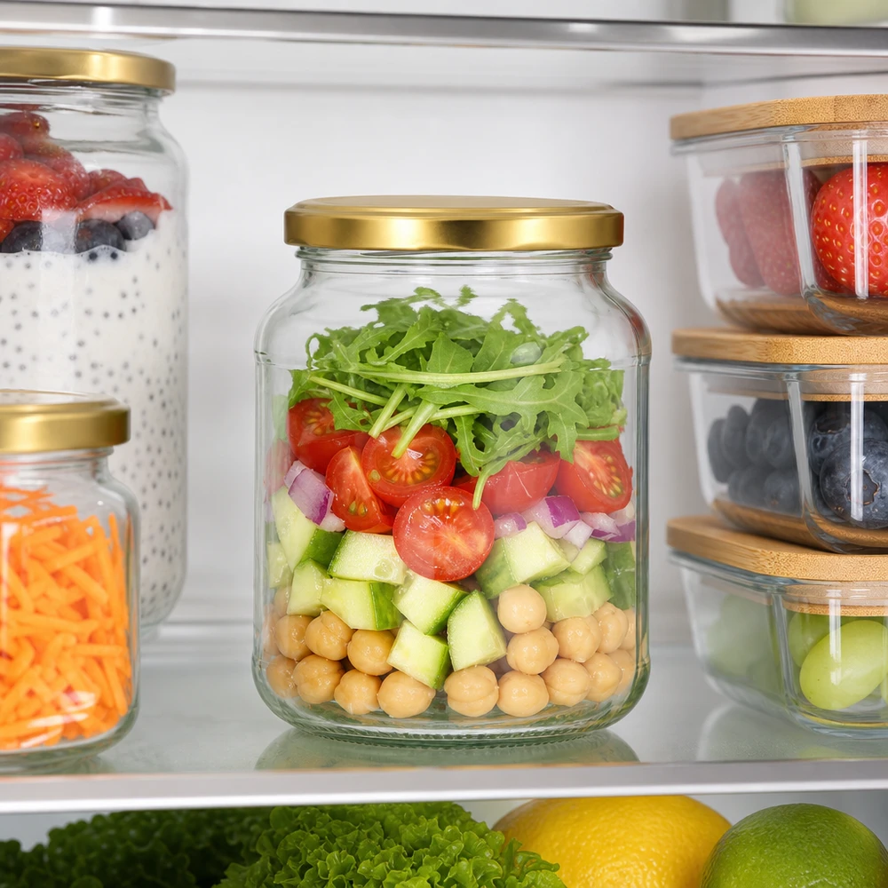 370ml Verre ovale avec couvercle BasicSeal or UNiTWIST 370ml Bocal ovale BasicSeal couvercle doré dans le réfrigérateur avec salade stratifiée - UNiTWIST Bocal de conservation pour Meal Prep