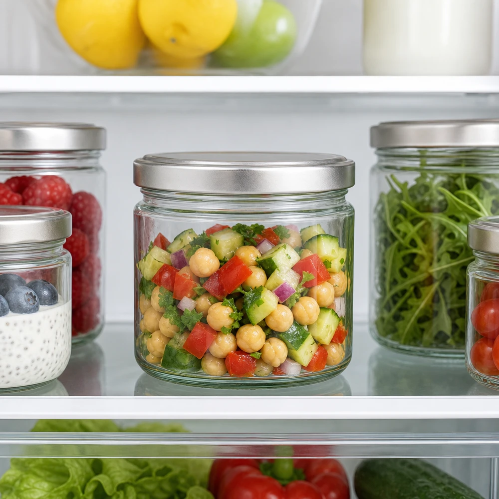Bocal rond de 330 ml avec couvercle BasicSeal au réfrigérateur rempli de salade de pois chiches à côté d'autres bocaux de stockage