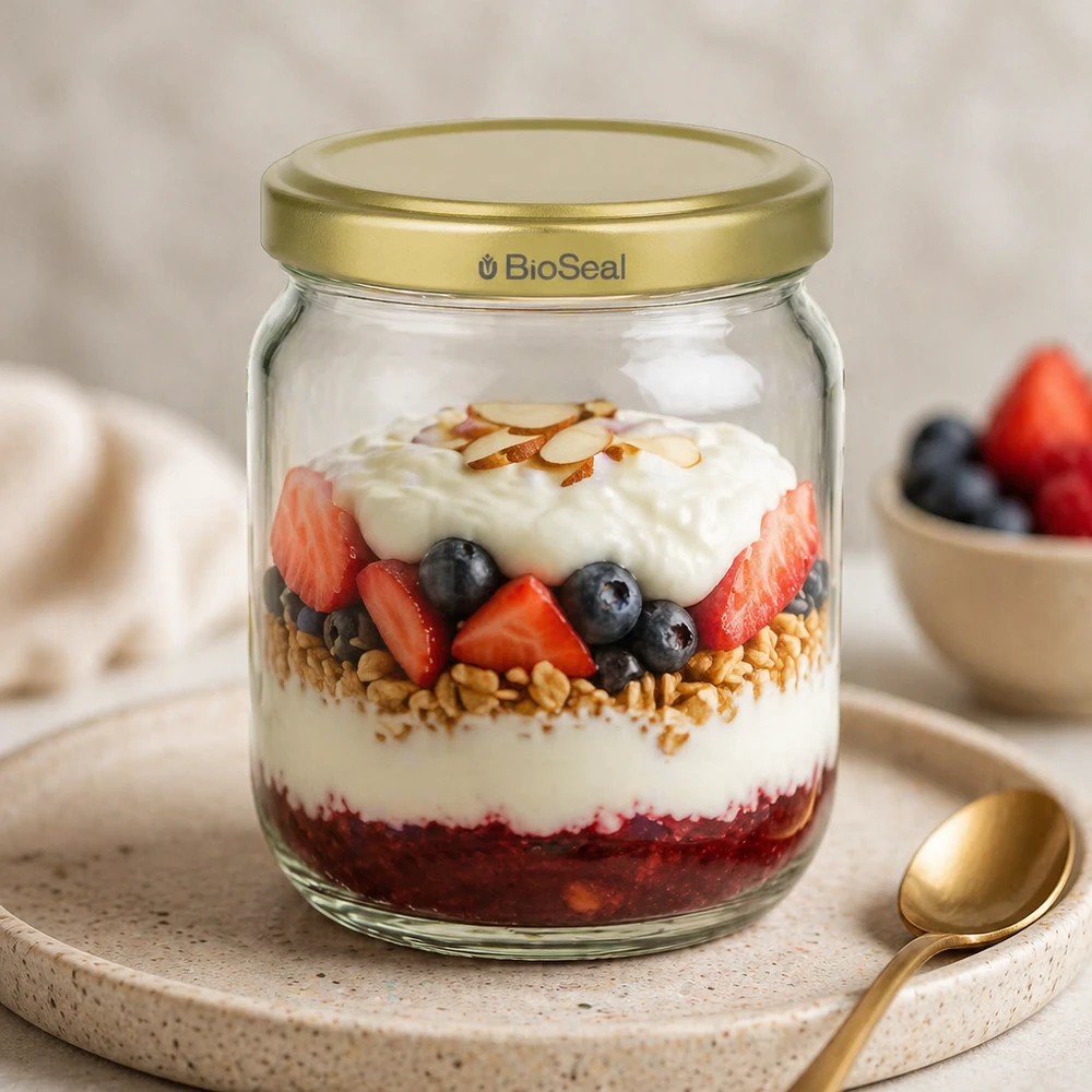Pot à miel 500 g avec couvercle doré BioSeal UNiTWIST Pot de miel BioSeal de 500g comme récipient pour le petit déjeuner avec yaourt baies muesli dessert en couches et cuillère dorée