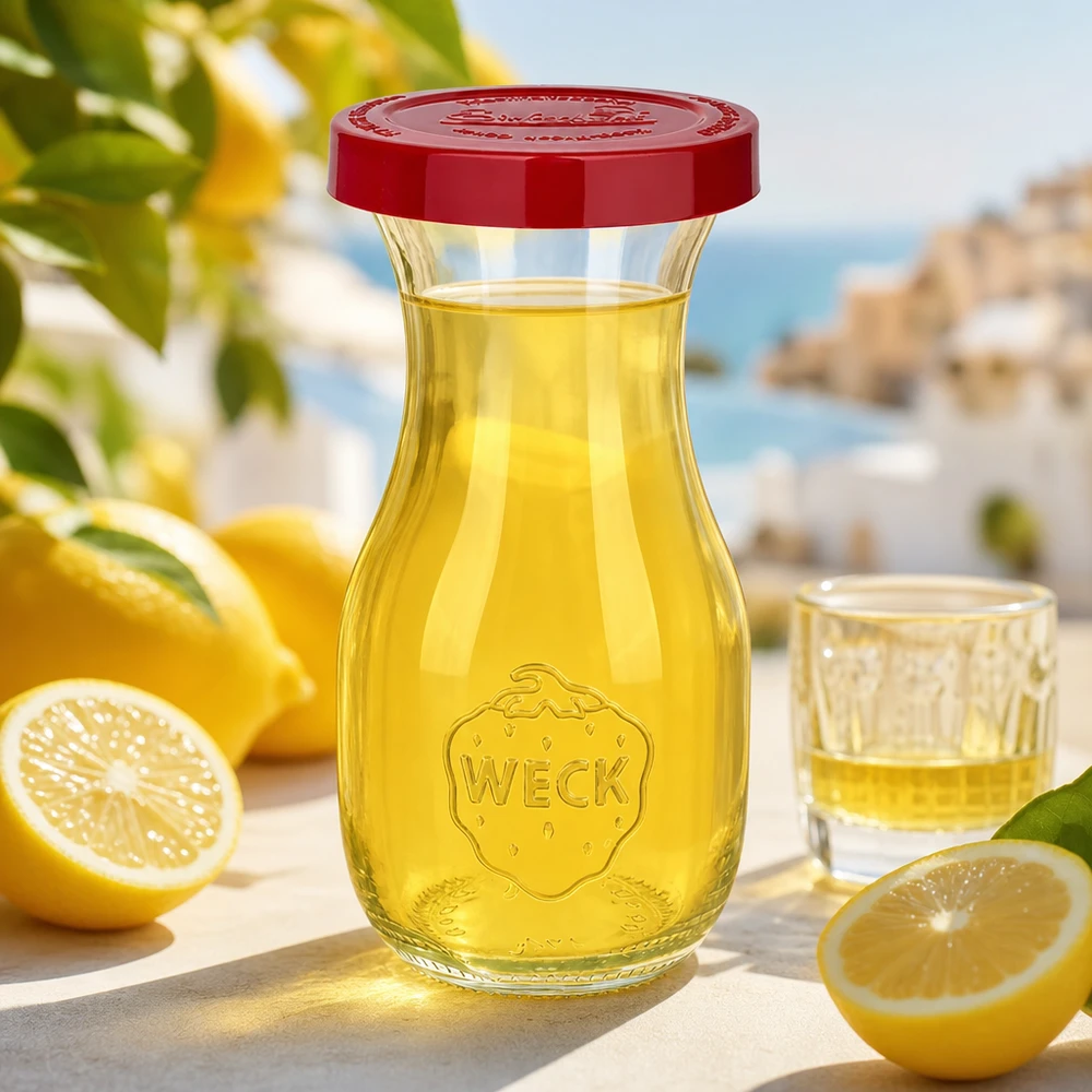 Bouteille en verre WECK de haute qualité de 290 ml avec couvercle en silicone rouge, parfaite pour le jus de citron et les boissons vitaminées.